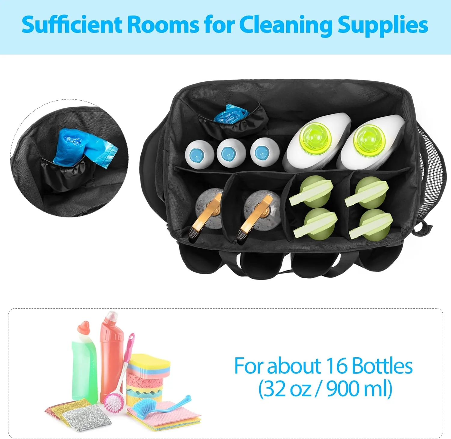 Extra-Large Cleaning Caddy, Organizer with Handles for Cleaning Tools & Products Storage, Large Capacity Tote Bag for Car, Home & Housekeeping Work, Black
