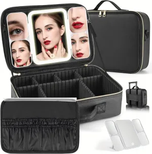 Extra Large Makeup Bag with 1X5X10X20X30X Magnifying Mirror and Travel Makeup Train Case Cosmetic Organiser with LED Mirror and Separate Makeup Brush Panel, Portable Adjustable Divider Storage Bag