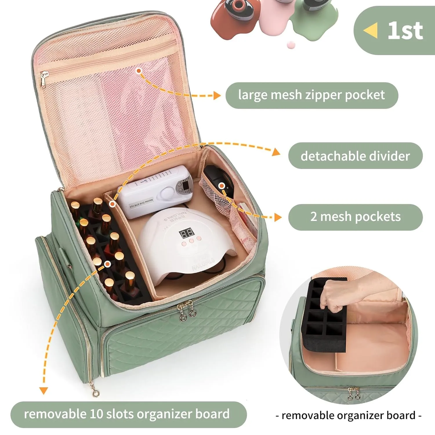 Extra Large Nail Polish Organizer Case Holds 86 to 100  Bottles Nail Polish & Nail Lamp, Nail Supplies Storage Carrying Bag with 2 Removable Pouches, Portable Nail Tech Travel Box (Green, 86 Slots)