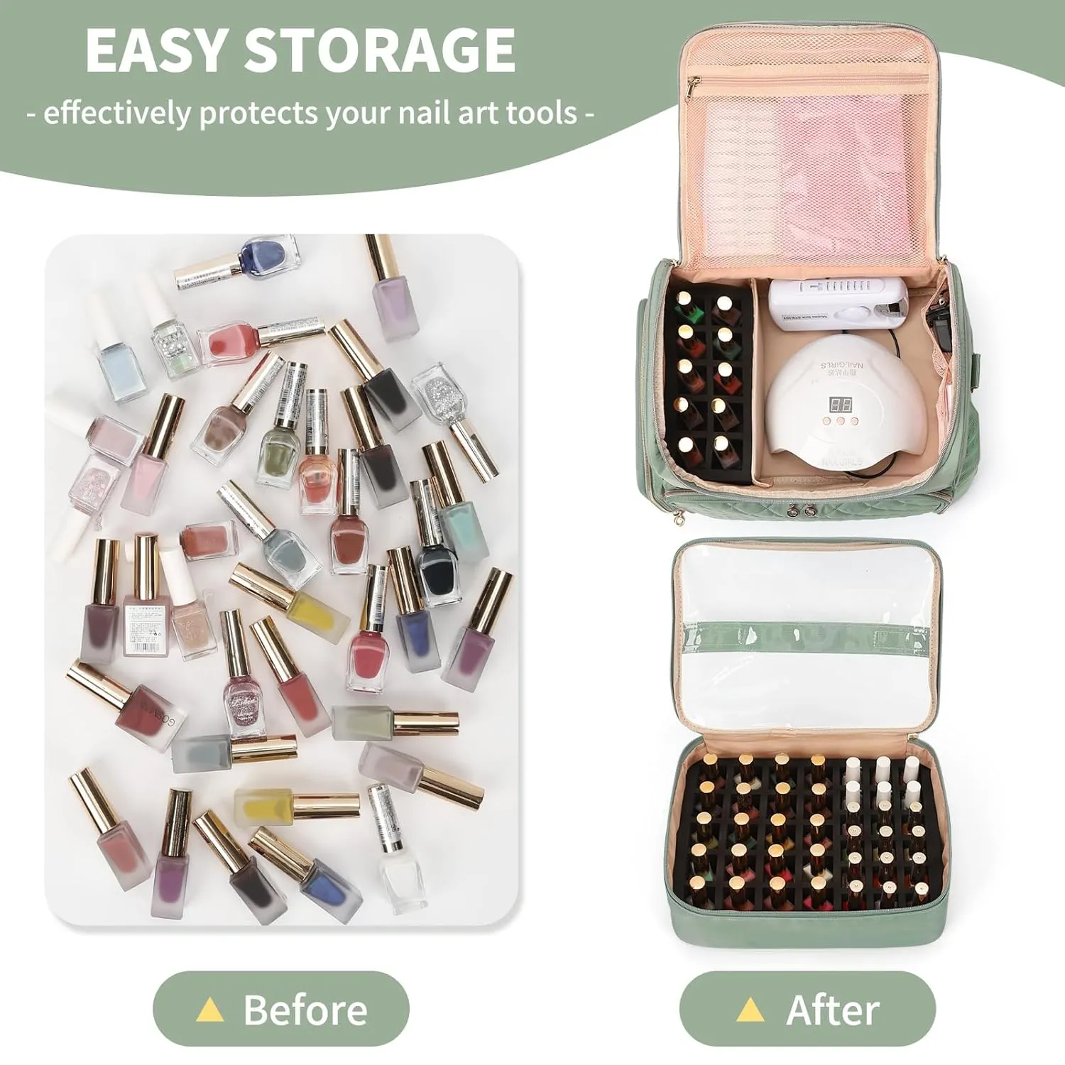 Extra Large Nail Polish Organizer Case Holds 86 to 100  Bottles Nail Polish & Nail Lamp, Nail Supplies Storage Carrying Bag with 2 Removable Pouches, Portable Nail Tech Travel Box (Green, 86 Slots)