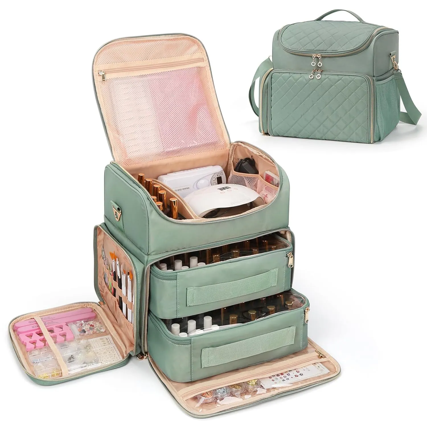 Extra Large Nail Polish Organizer Case Holds 86 to 100  Bottles Nail Polish & Nail Lamp, Nail Supplies Storage Carrying Bag with 2 Removable Pouches, Portable Nail Tech Travel Box (Green, 86 Slots)