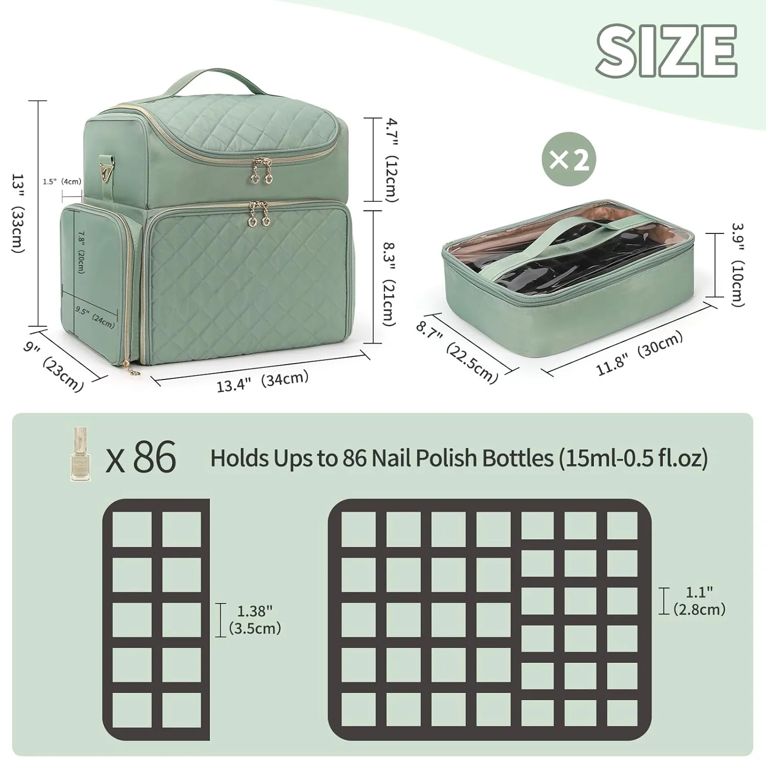 Extra Large Nail Polish Organizer Case Holds 86 to 100  Bottles Nail Polish & Nail Lamp, Nail Supplies Storage Carrying Bag with 2 Removable Pouches, Portable Nail Tech Travel Box (Green, 86 Slots)