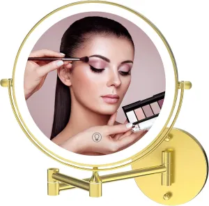 Fab Glass and Mirror Rechargeable Lighted Makeup Mirror 8 Inch, 1x/10x Magnification 3 Color Lights Touch Screen Dimmable 360° Rotation, Wall Mounted Magnifying Mirror Wall Mounted Mirrors (Gold)