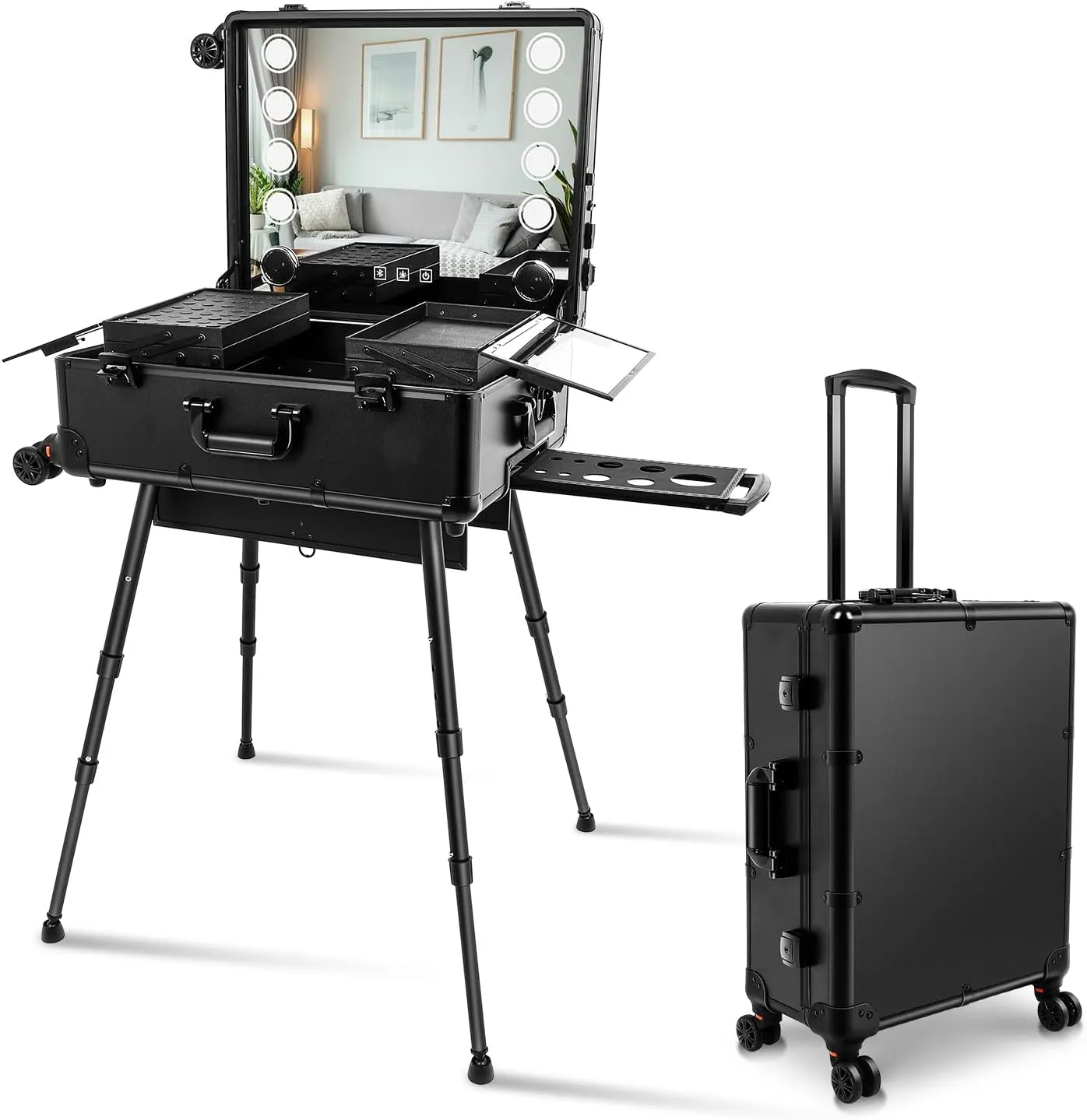 FAHKNS Aluminum Trolley Makeup Train Case 8 LED Light, Make Mirror with Lights Rolling Case, Rolling Makeup Case with Legs, Vanity Suitcase with Lights