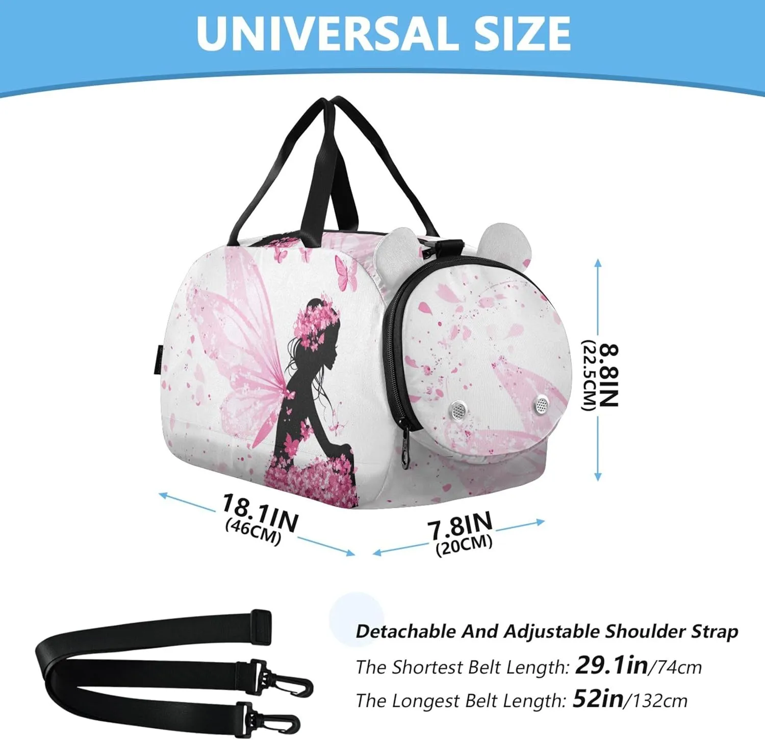 Fairy Flowers Butterflies Pink Travel Duffle Bags Girls Tote Weekend Duffel Overnight Sports Duffle Bag Carry on Duffel Bag Boy