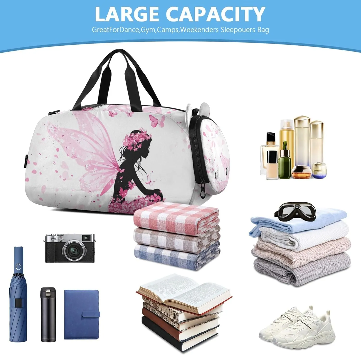 Fairy Flowers Butterflies Pink Travel Duffle Bags Girls Tote Weekend Duffel Overnight Sports Duffle Bag Carry on Duffel Bag Boy