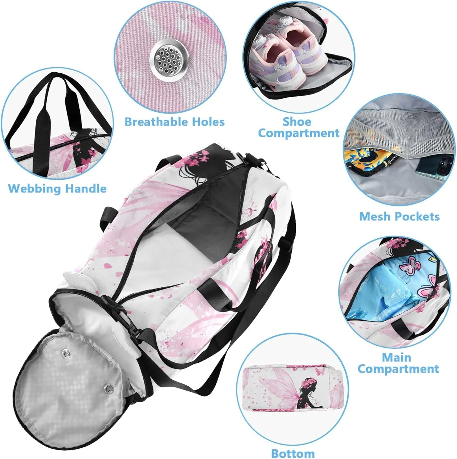 Fairy Flowers Butterflies Pink Travel Duffle Bags Girls Tote Weekend Duffel Overnight Sports Duffle Bag Carry on Duffel Bag Boy
