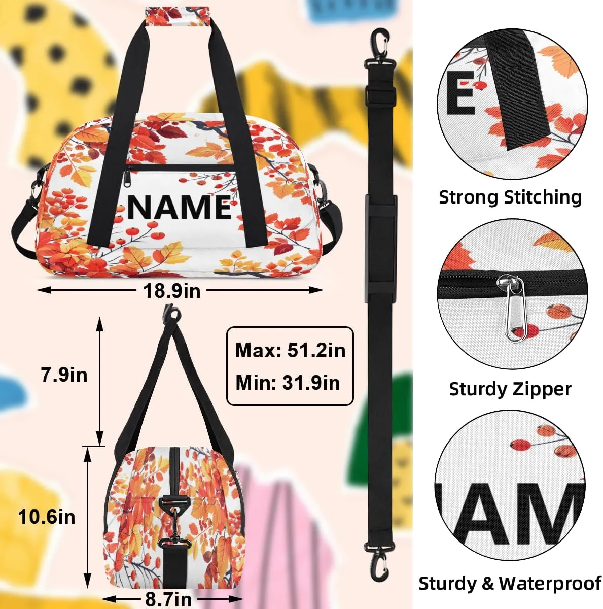 Fall Leaf Custom Small Gym Bag 18 inch for Women Men Personalized Autumn Maple Leaf Carry On Overnight Weekender Bag for Travel Work Dance Sport