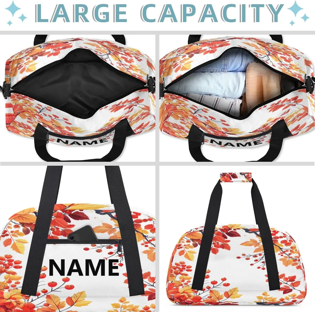 Fall Leaf Custom Small Gym Bag 18 inch for Women Men Personalized Autumn Maple Leaf Carry On Overnight Weekender Bag for Travel Work Dance Sport