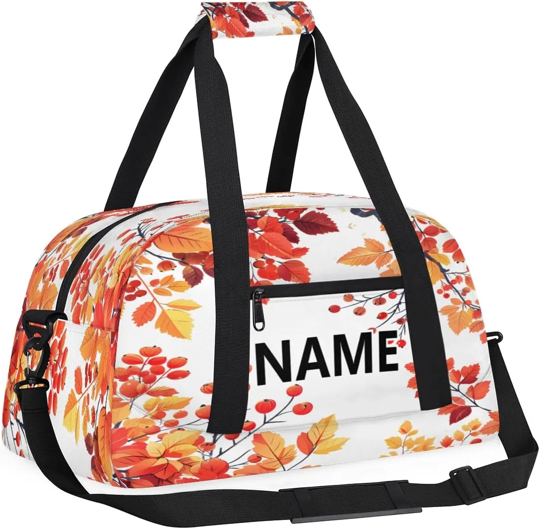 Fall Leaf Custom Small Gym Bag 18 inch for Women Men Personalized Autumn Maple Leaf Carry On Overnight Weekender Bag for Travel Work Dance Sport