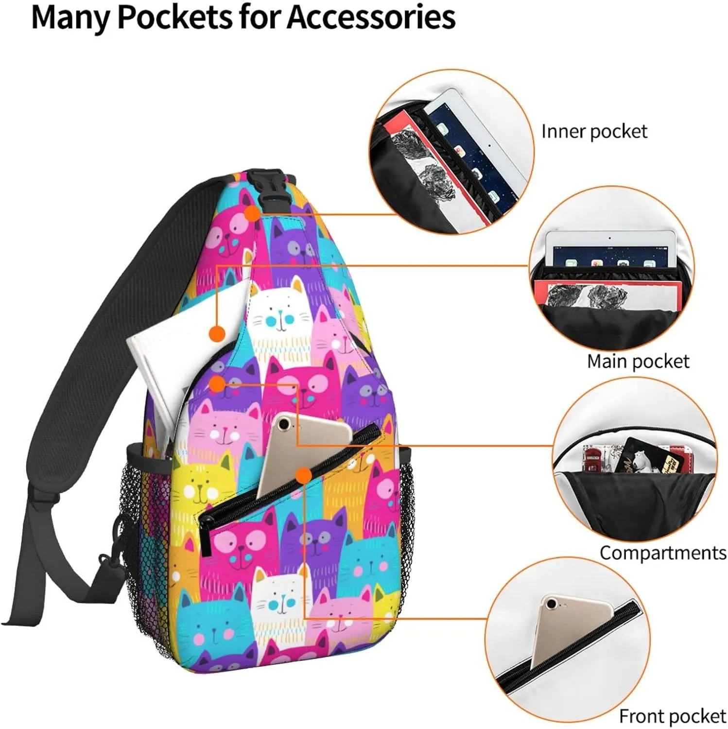 Famame Colorful Cartoon Cat Sling Backpack Chest Bag Crossbody Shoulder Bag Gym Cycling Travel Hiking Daypack For Men Women