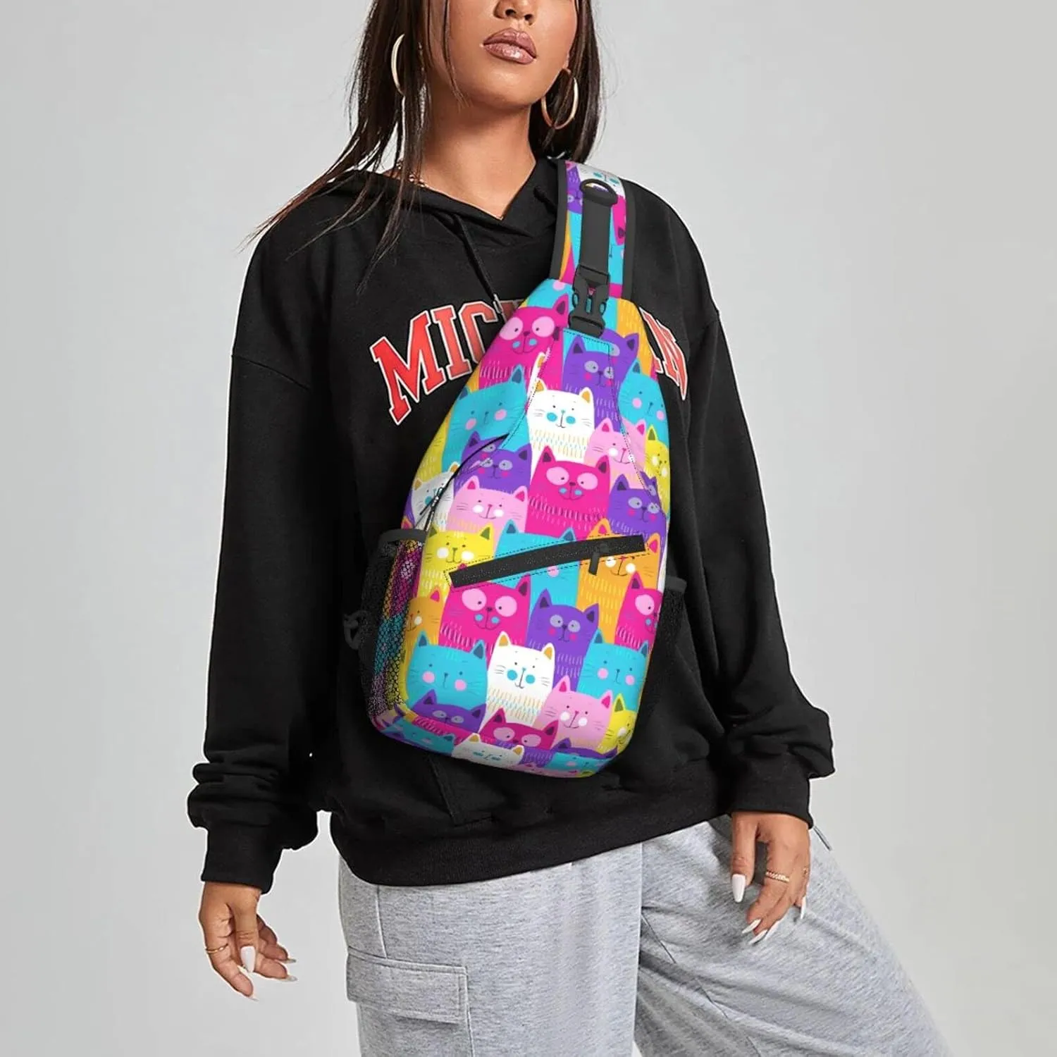 Famame Colorful Cartoon Cat Sling Backpack Chest Bag Crossbody Shoulder Bag Gym Cycling Travel Hiking Daypack For Men Women