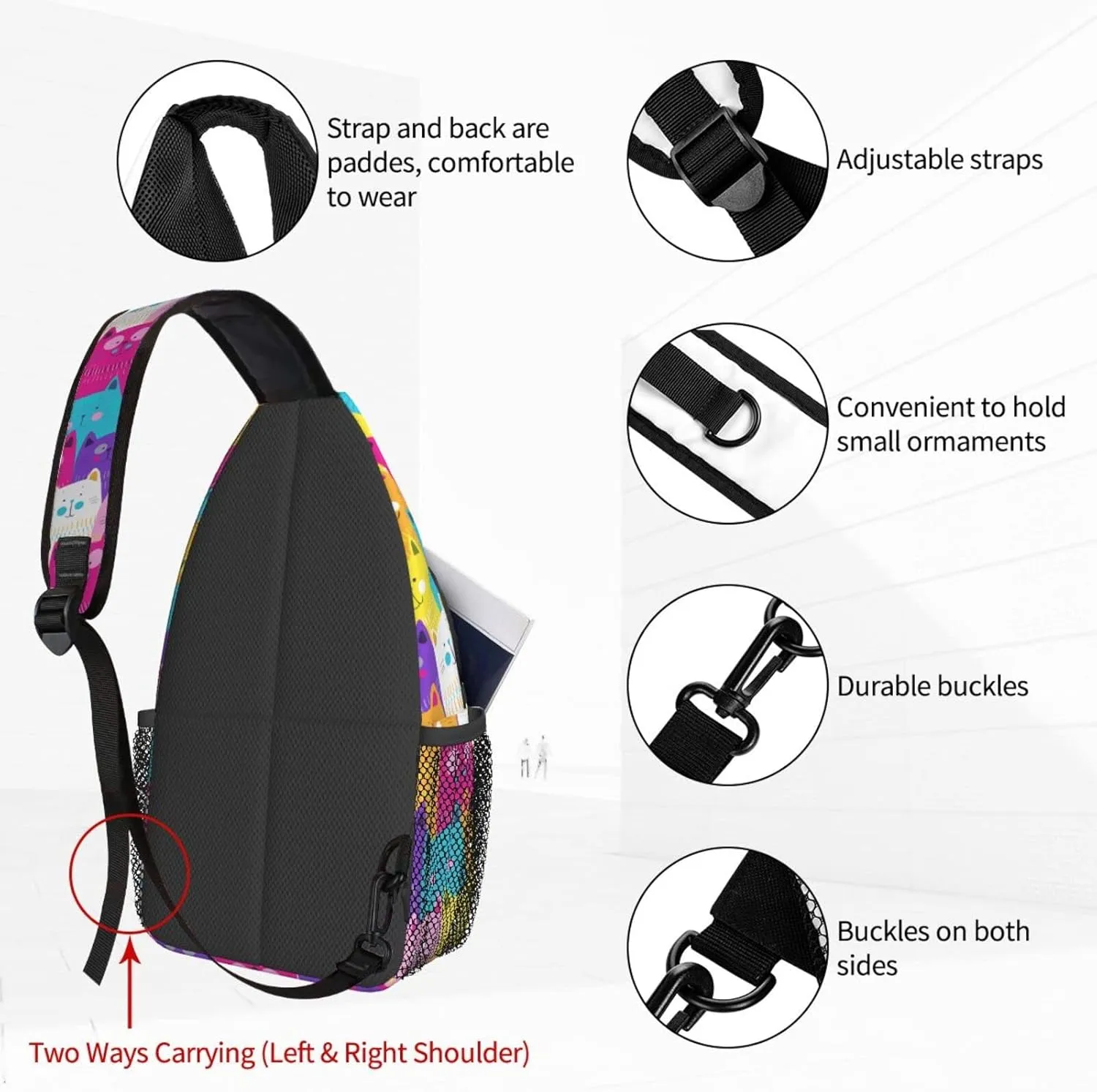 Famame Colorful Cartoon Cat Sling Backpack Chest Bag Crossbody Shoulder Bag Gym Cycling Travel Hiking Daypack For Men Women