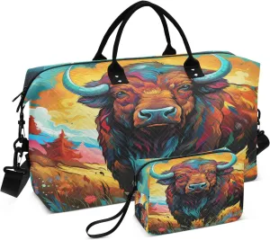 Fancy Watercolor Art Bison Travel Duffel Bags Gym Bag Weekender Handbag with Toiletry Bag for Women Girls Men