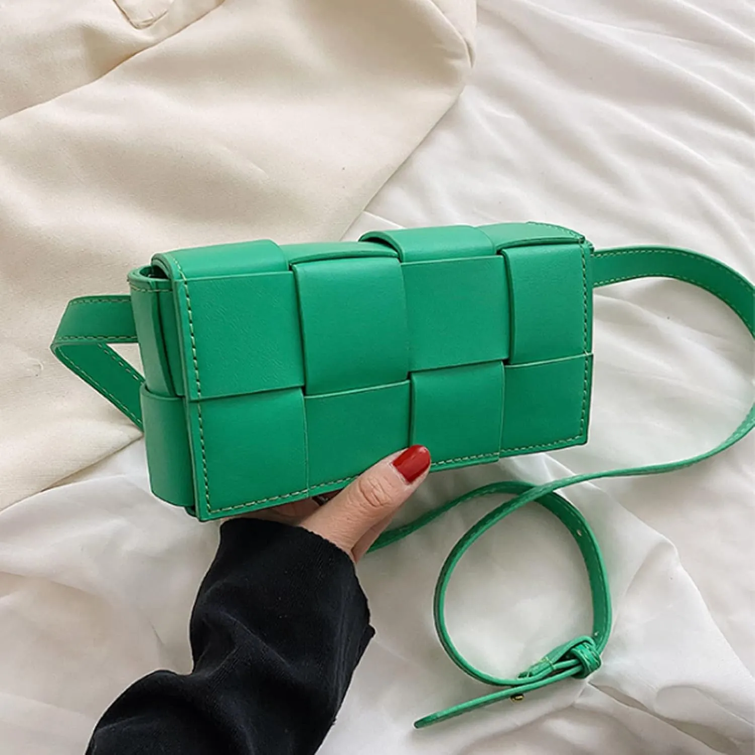 Fanny Pack with Convertible Crossbody Shoulder Bag for Women, Woven Cassette-Style Handbag Purse with Adjustable Belt (Bluish green)