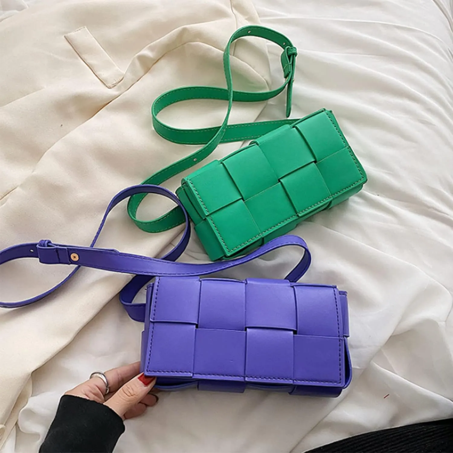 Fanny Pack with Convertible Crossbody Shoulder Bag for Women, Woven Cassette-Style Handbag Purse with Adjustable Belt (Bluish green)