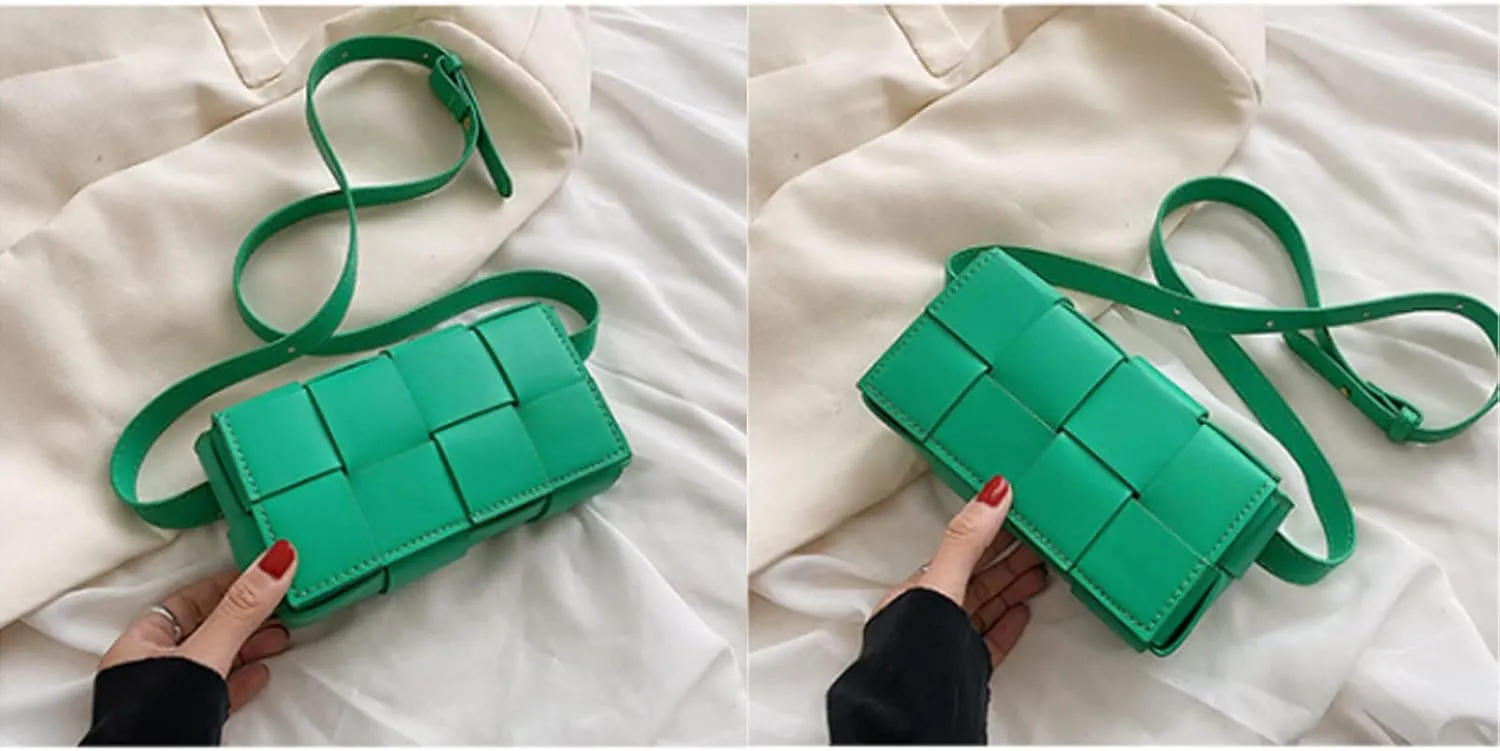 Fanny Pack with Convertible Crossbody Shoulder Bag for Women, Woven Cassette-Style Handbag Purse with Adjustable Belt (Bluish green)