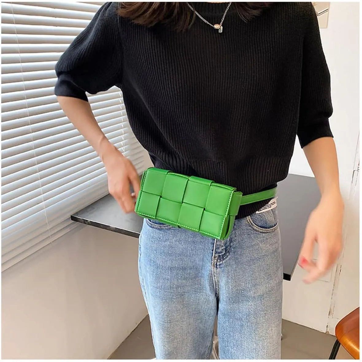 Fanny Pack with Convertible Crossbody Shoulder Bag for Women, Woven Cassette-Style Handbag Purse with Adjustable Belt (Green)