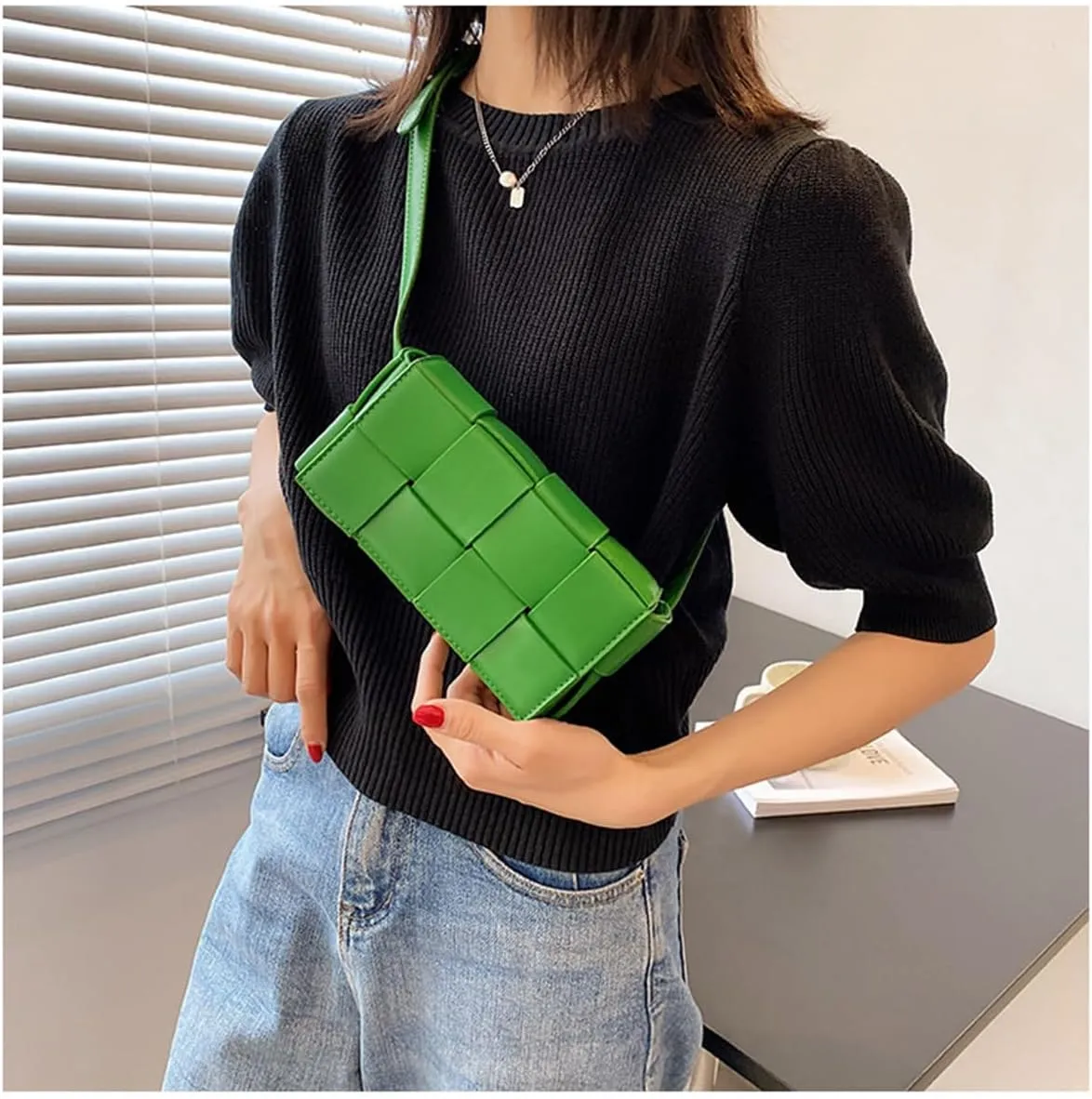 Fanny Pack with Convertible Crossbody Shoulder Bag for Women, Woven Cassette-Style Handbag Purse with Adjustable Belt (Green)