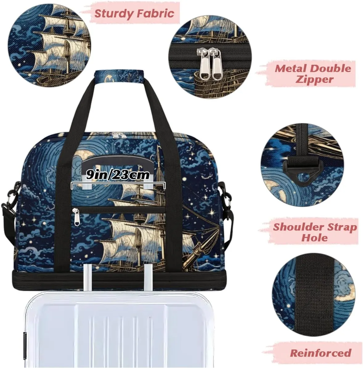 Fantasy Pirate Ship Foldable Duffle Bag with Shoes Compartment Large Capacity Waterproof Travel Weekender Bag Overnight Bag for Sports Gym