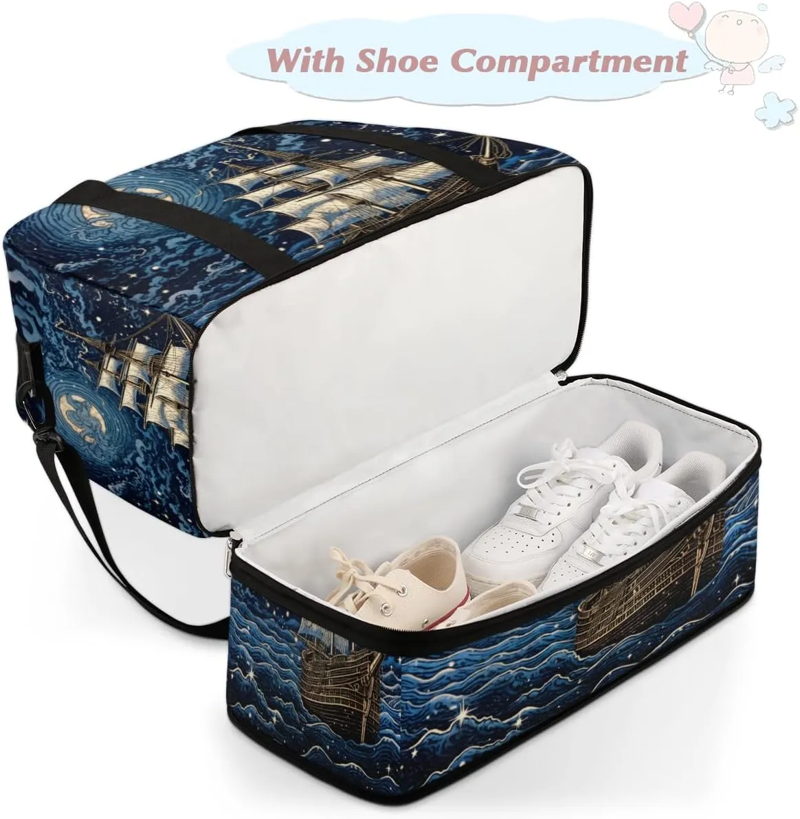 Fantasy Pirate Ship Foldable Duffle Bag with Shoes Compartment Large Capacity Waterproof Travel Weekender Bag Overnight Bag for Sports Gym