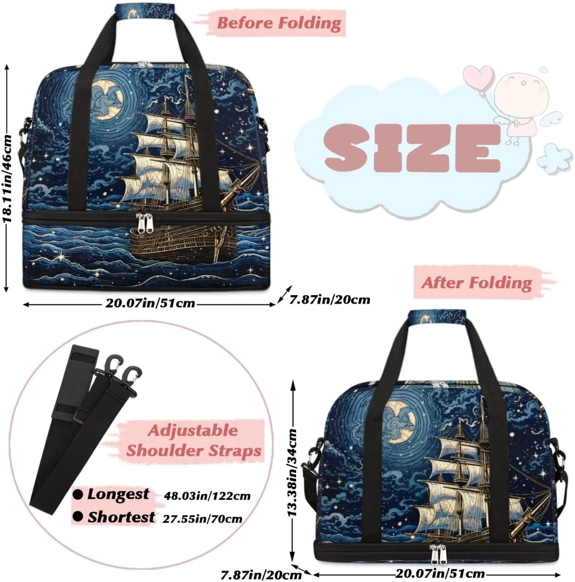 Fantasy Pirate Ship Foldable Duffle Bag with Shoes Compartment Large Capacity Waterproof Travel Weekender Bag Overnight Bag for Sports Gym