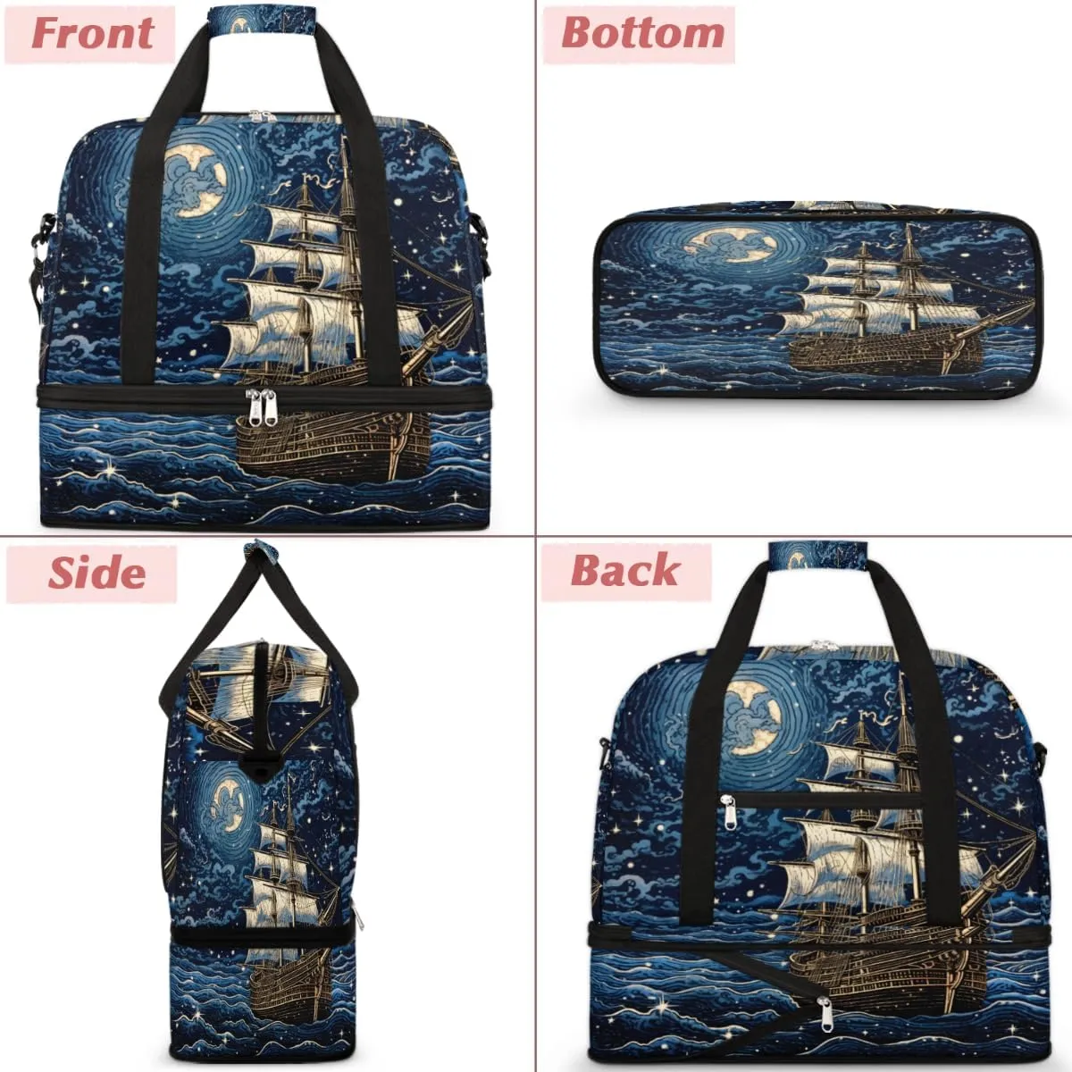 Fantasy Pirate Ship Foldable Duffle Bag with Shoes Compartment Large Capacity Waterproof Travel Weekender Bag Overnight Bag for Sports Gym
