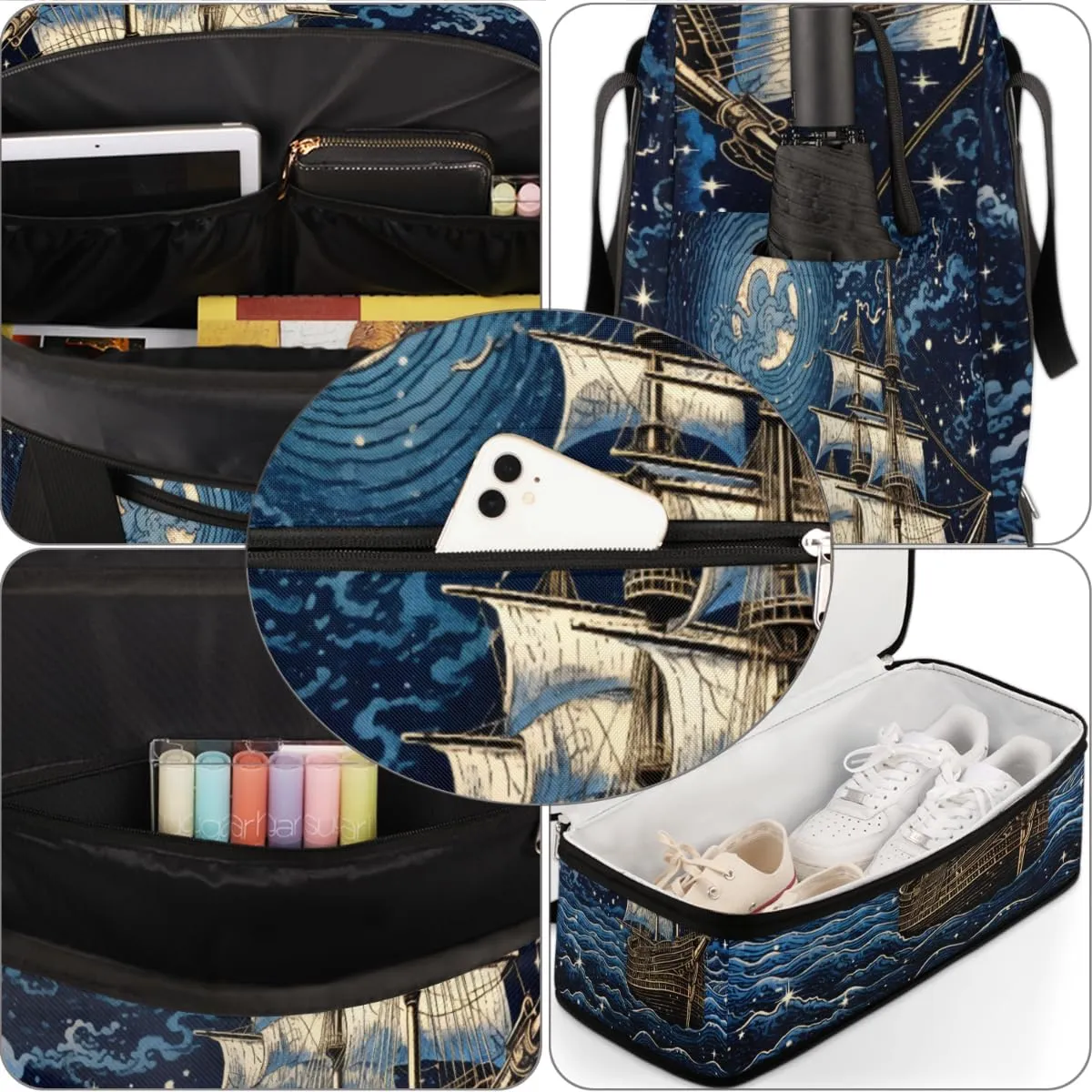 Fantasy Pirate Ship Foldable Duffle Bag with Shoes Compartment Large Capacity Waterproof Travel Weekender Bag Overnight Bag for Sports Gym