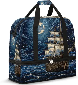 Fantasy Pirate Ship Foldable Duffle Bag with Shoes Compartment Large Capacity Waterproof Travel Weekender Bag Overnight Bag for Sports Gym