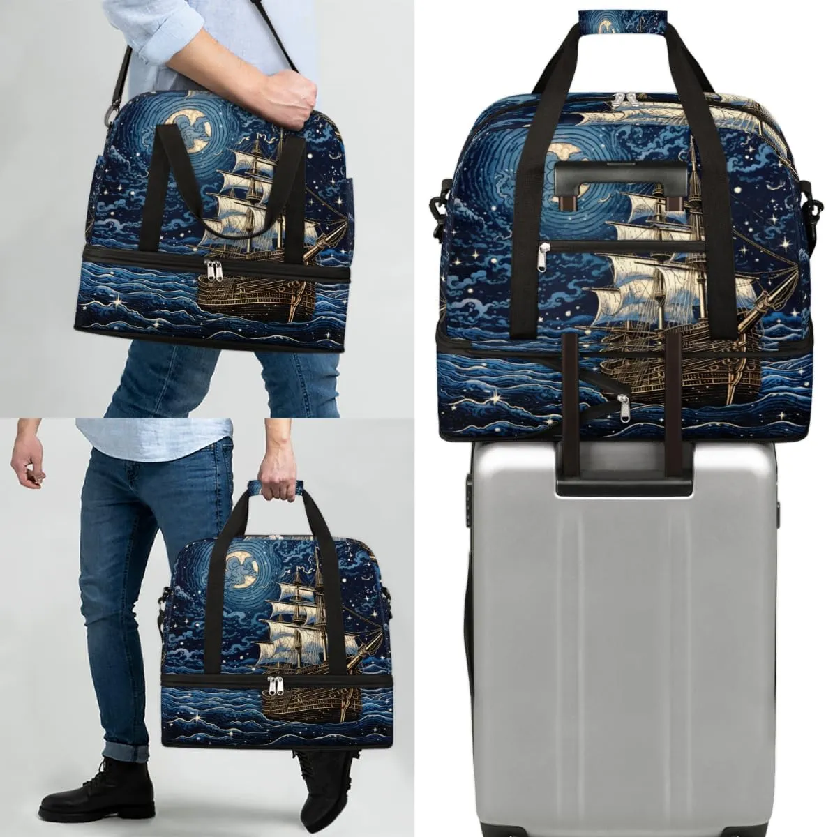 Fantasy Pirate Ship Foldable Duffle Bag with Shoes Compartment Large Capacity Waterproof Travel Weekender Bag Overnight Bag for Sports Gym