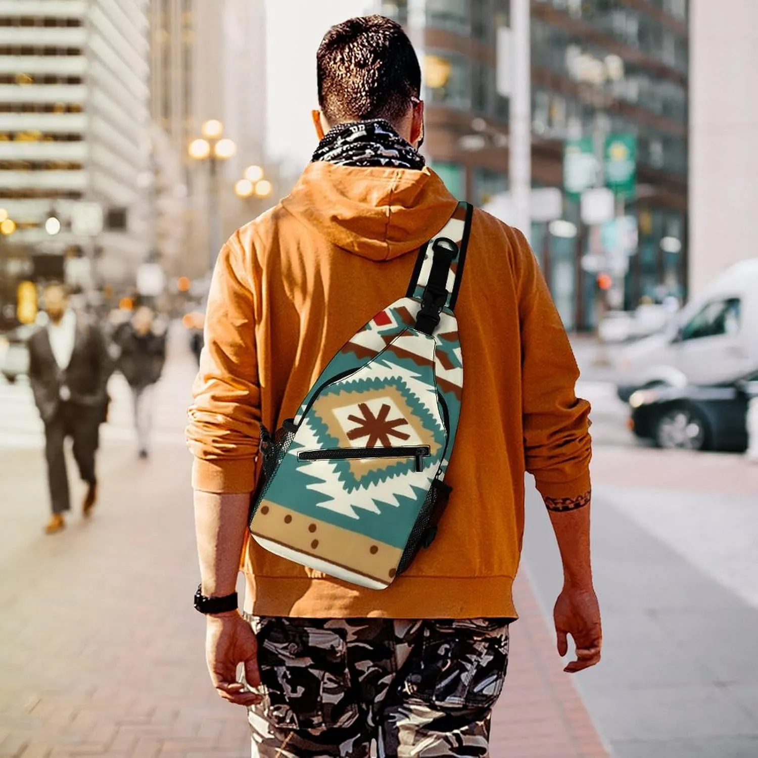 Fashion Sling Backpack, Rucksack, Ethnic Indiana Southwest Western Tribal Aztec Green Crossbody Daypacks Chest Shoulder Packs, Carry On Bag, Outdoor Sport Daypack Travel Bag for Men Women
