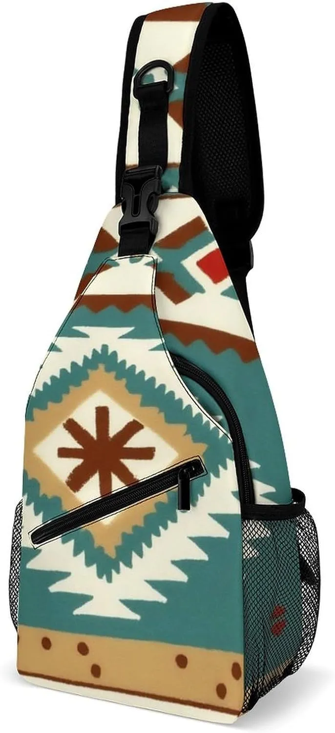 Fashion Sling Backpack, Rucksack, Ethnic Indiana Southwest Western Tribal Aztec Green Crossbody Daypacks Chest Shoulder Packs, Carry On Bag, Outdoor Sport Daypack Travel Bag for Men Women