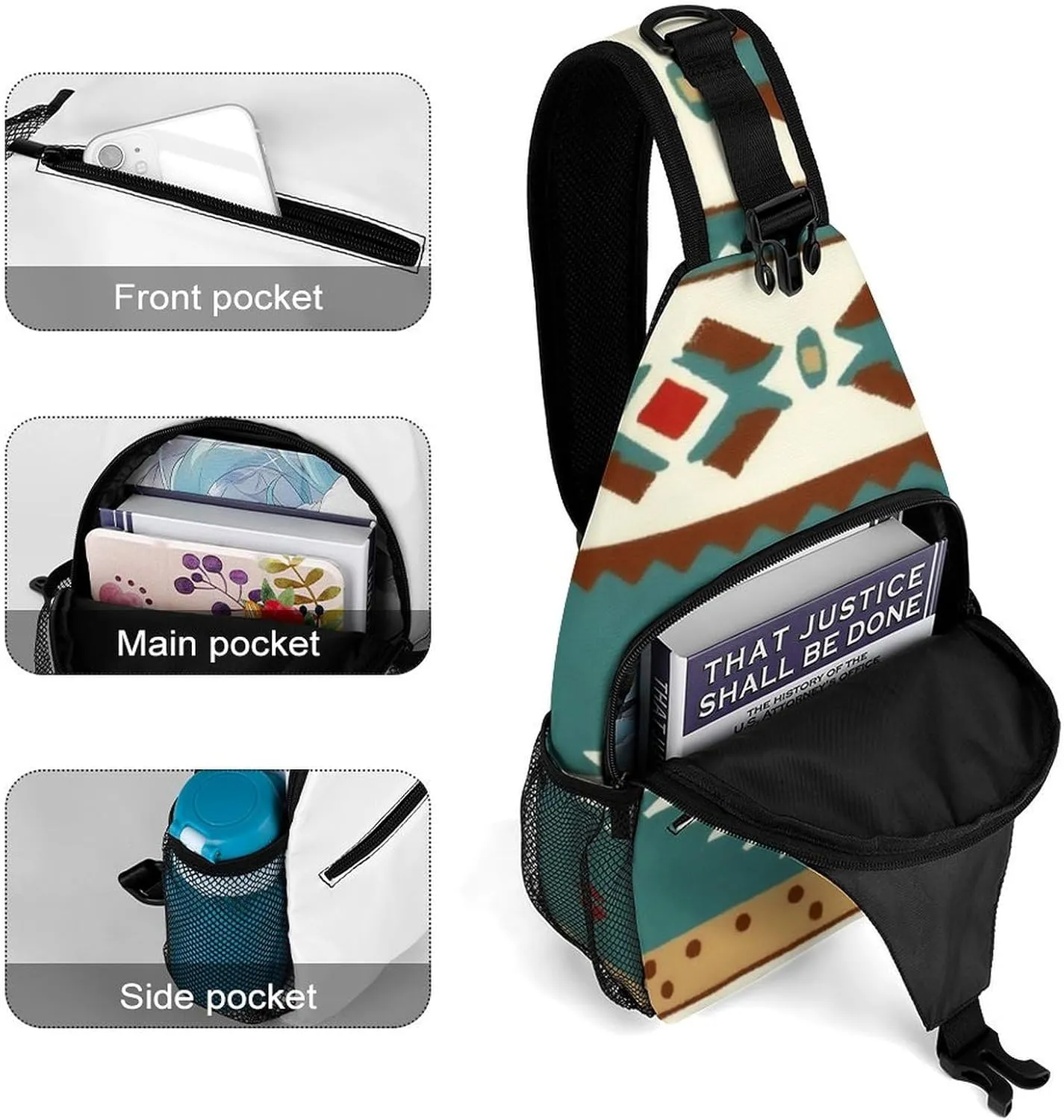 Fashion Sling Backpack, Rucksack, Ethnic Indiana Southwest Western Tribal Aztec Green Crossbody Daypacks Chest Shoulder Packs, Carry On Bag, Outdoor Sport Daypack Travel Bag for Men Women