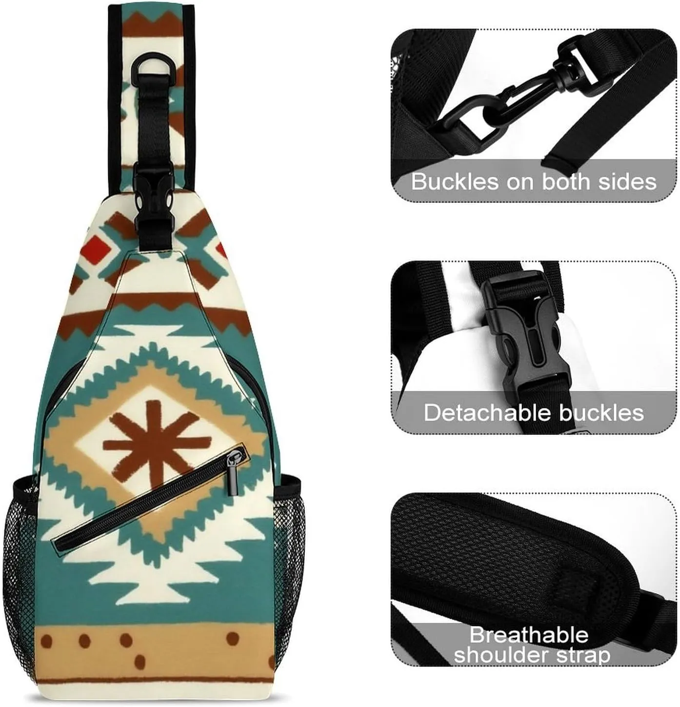 Fashion Sling Backpack, Rucksack, Ethnic Indiana Southwest Western Tribal Aztec Green Crossbody Daypacks Chest Shoulder Packs, Carry On Bag, Outdoor Sport Daypack Travel Bag for Men Women