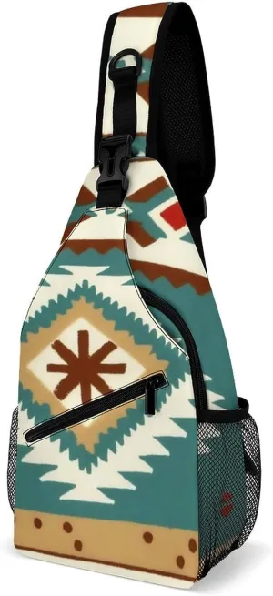 Fashion Sling Backpack, Rucksack, Ethnic Indiana Southwest Western Tribal Aztec Green Crossbody Daypacks Chest Shoulder Packs, Carry On Bag, Outdoor Sport Daypack Travel Bag for Men Women