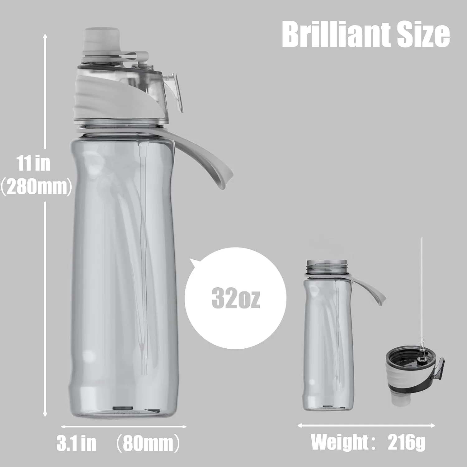 FEIJIAN Mist & Sip Water Bottle, 32oz, BPA-Free, Leakproof & Lightweight, Ideal for Fitness & Outdoor, Gray