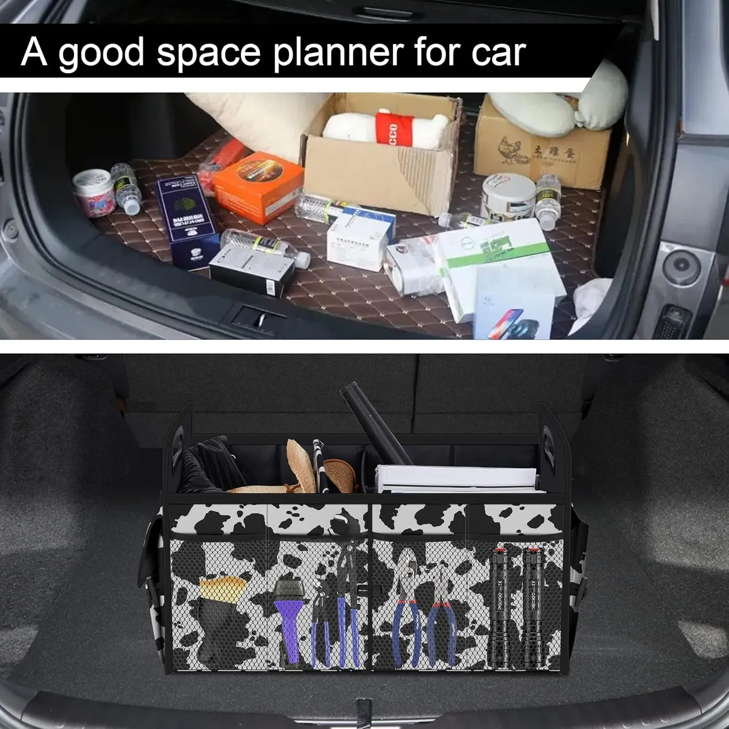 Femuar Car Trunk Organizer,Car Storage Organizer with 72L Large Capacity Waterproof Collapsible and 11 Pockets,Trunk Organizer for Car Suv/Jeep/Sedan, Large Size, Cow print