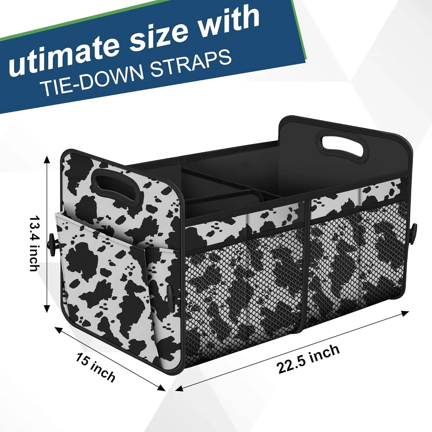 Femuar Car Trunk Organizer,Car Storage Organizer with 72L Large Capacity Waterproof Collapsible and 11 Pockets,Trunk Organizer for Car Suv/Jeep/Sedan, Large Size, Cow print