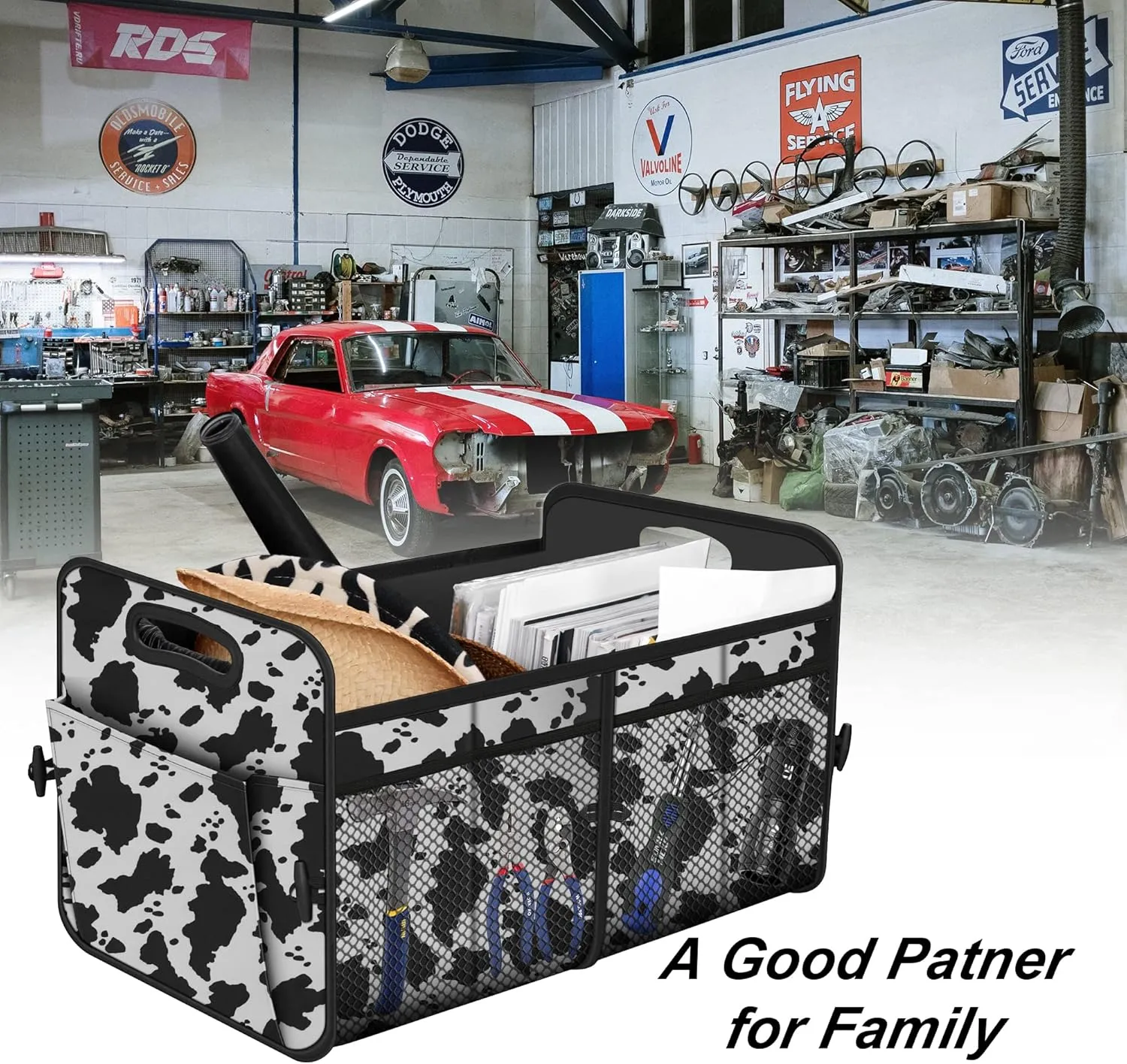 Femuar Car Trunk Organizer,Car Storage Organizer with 72L Large Capacity Waterproof Collapsible and 11 Pockets,Trunk Organizer for Car Suv/Jeep/Sedan, Large Size, Cow print