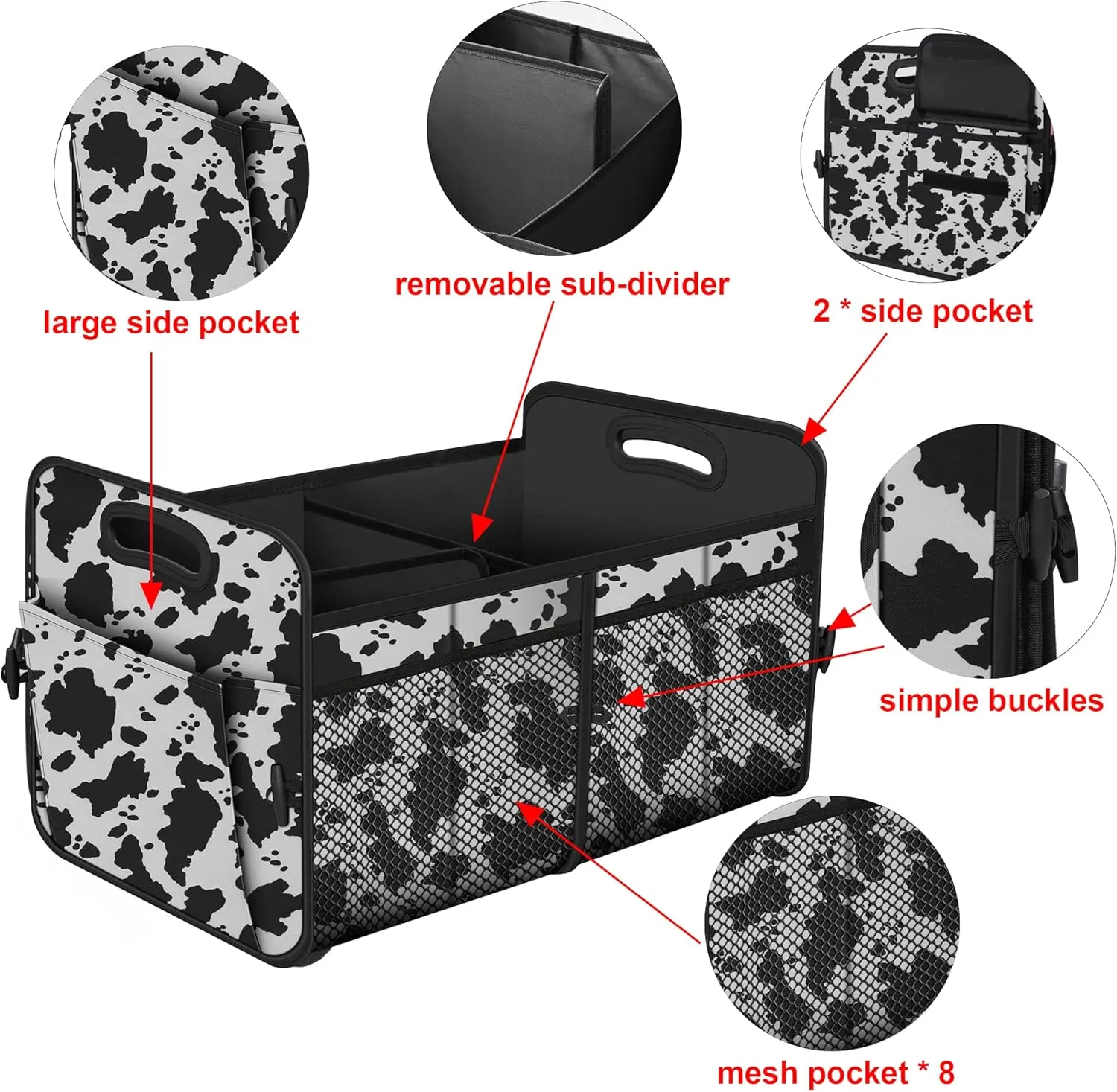 Femuar Car Trunk Organizer,Car Storage Organizer with 72L Large Capacity Waterproof Collapsible and 11 Pockets,Trunk Organizer for Car Suv/Jeep/Sedan, Large Size, Cow print