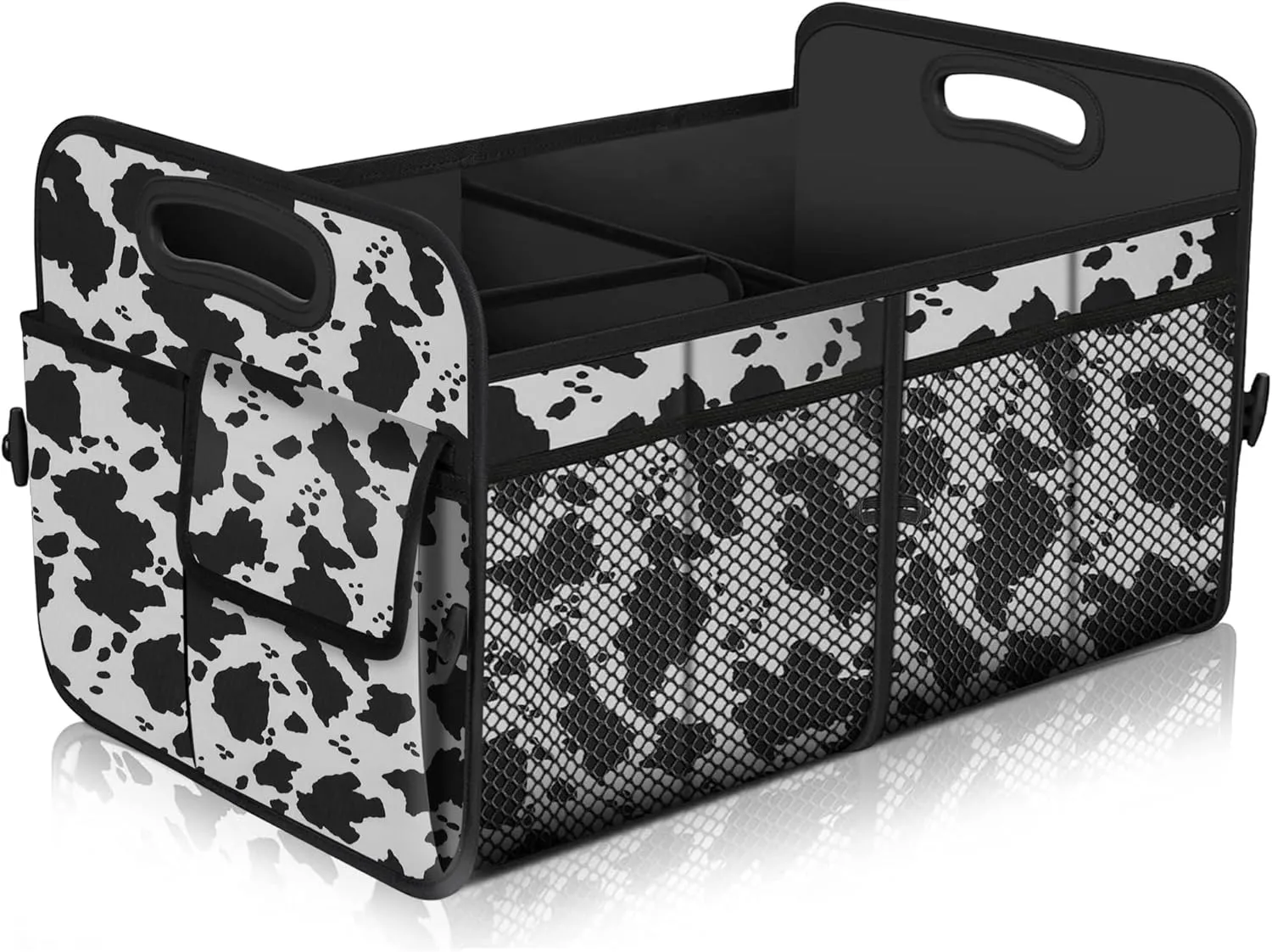 Femuar Car Trunk Organizer,Car Storage Organizer with 72L Large Capacity Waterproof Collapsible and 11 Pockets,Trunk Organizer for Car Suv/Jeep/Sedan, Large Size, Cow print