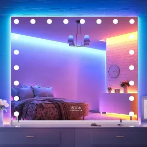 FENCHILIN RGB LED Vanity Mirror with Front Light and RGB Backlit Lighted Hollywood Makeup Mirror with 18 Dimmable Bulbs Smart Touch for Bedroom (32"x39.37") White