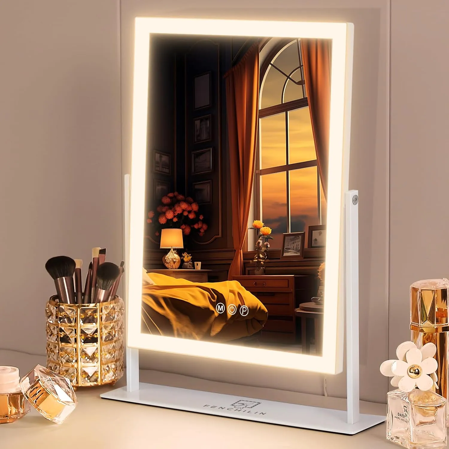FENCHILIN Vanity Mirror with Lights 16.14" x 11.81",Lighted Makeup Mirror and Hollywood Mirror with Smart Touch Control 3 Colors Dimmable LED Light, 360°Rotation 10X Magnification(White)