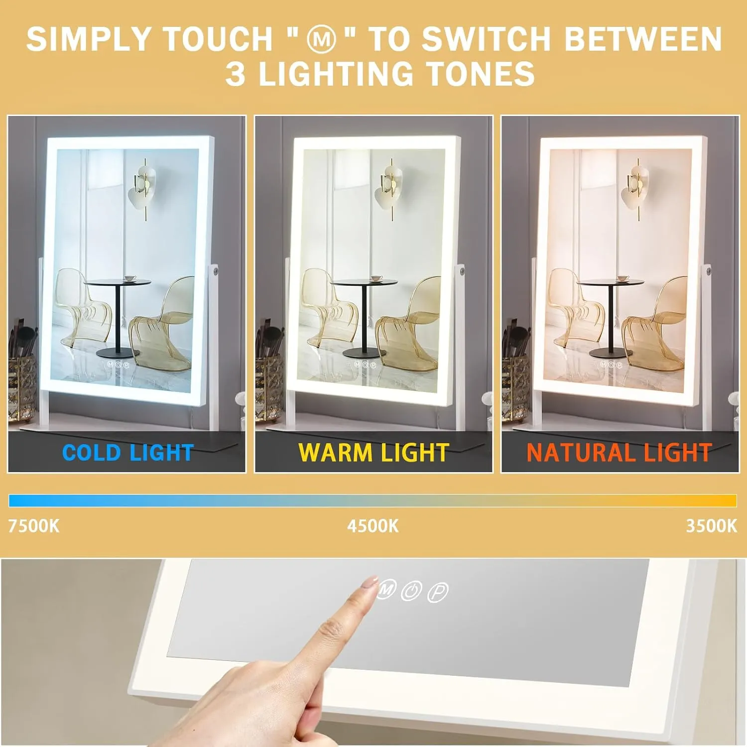 FENCHILIN Vanity Mirror with Lights 16.14" x 11.81",Lighted Makeup Mirror and Hollywood Mirror with Smart Touch Control 3 Colors Dimmable LED Light, 360°Rotation 10X Magnification(White)