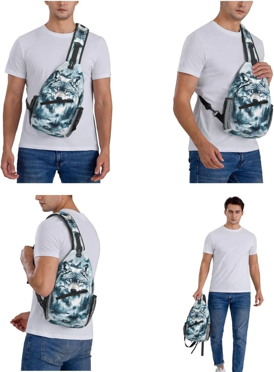 Fierce Wolf Crossbody Bag with Abstract Picture Fitness Sports Travel Hiking Backpack Cute Animal Print Chest Bag Shoulder Bag for Women and Men