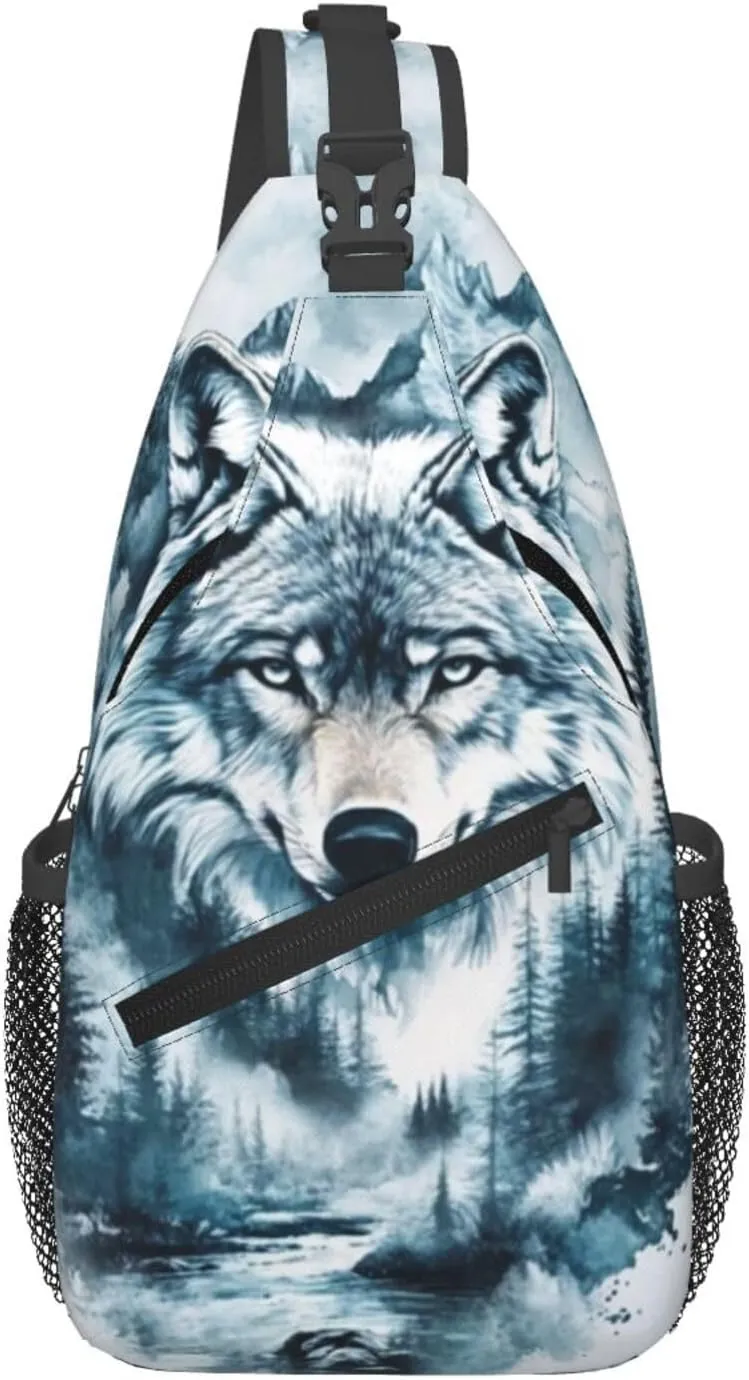 Fierce Wolf Crossbody Bag with Abstract Picture Fitness Sports Travel Hiking Backpack Cute Animal Print Chest Bag Shoulder Bag for Women and Men