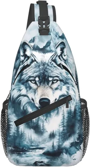 Fierce Wolf Crossbody Bag with Abstract Picture Fitness Sports Travel Hiking Backpack Cute Animal Print Chest Bag Shoulder Bag for Women and Men