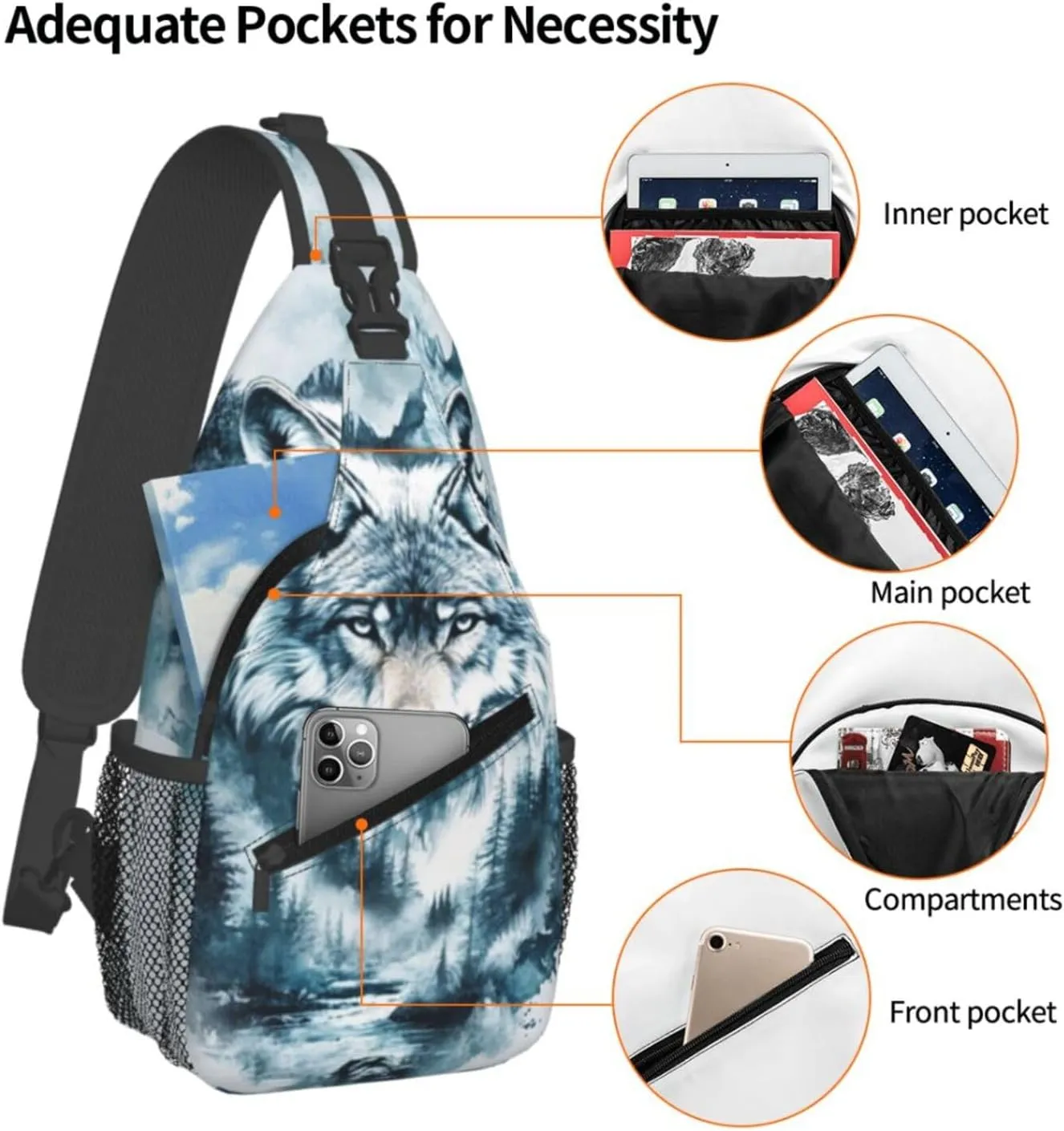 Fierce Wolf Crossbody Bag with Abstract Picture Fitness Sports Travel Hiking Backpack Cute Animal Print Chest Bag Shoulder Bag for Women and Men