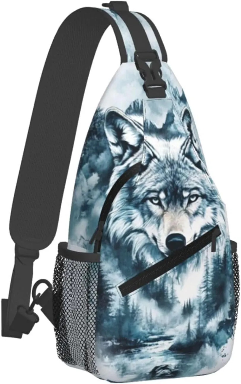 Fierce Wolf Crossbody Bag with Abstract Picture Fitness Sports Travel Hiking Backpack Cute Animal Print Chest Bag Shoulder Bag for Women and Men