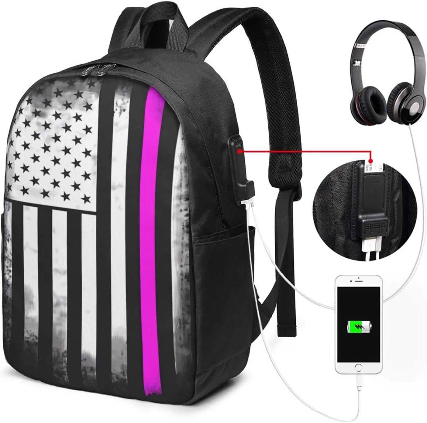 Fight Cancer America Flag Backpack 17 Inch Laptop Backpacks Outdoor Travel Rucksack Work Business Daypack with USB Port Carry On Bag for Cycling Hiking
